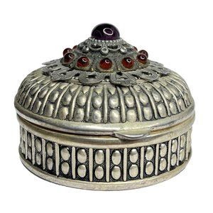 Vintage Anne Cichon Dallas Silver Amber Stones Trinket Jewelry Hinged Box